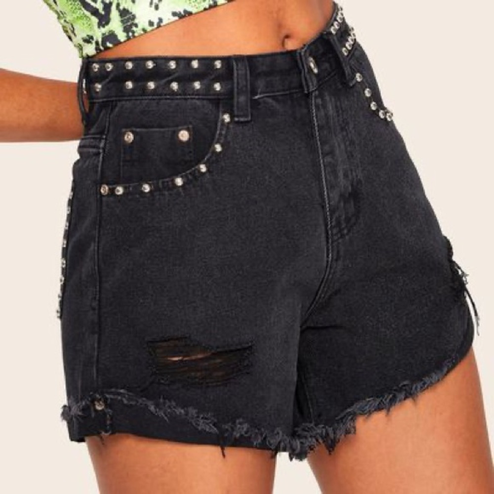 Studded black denim shorts
